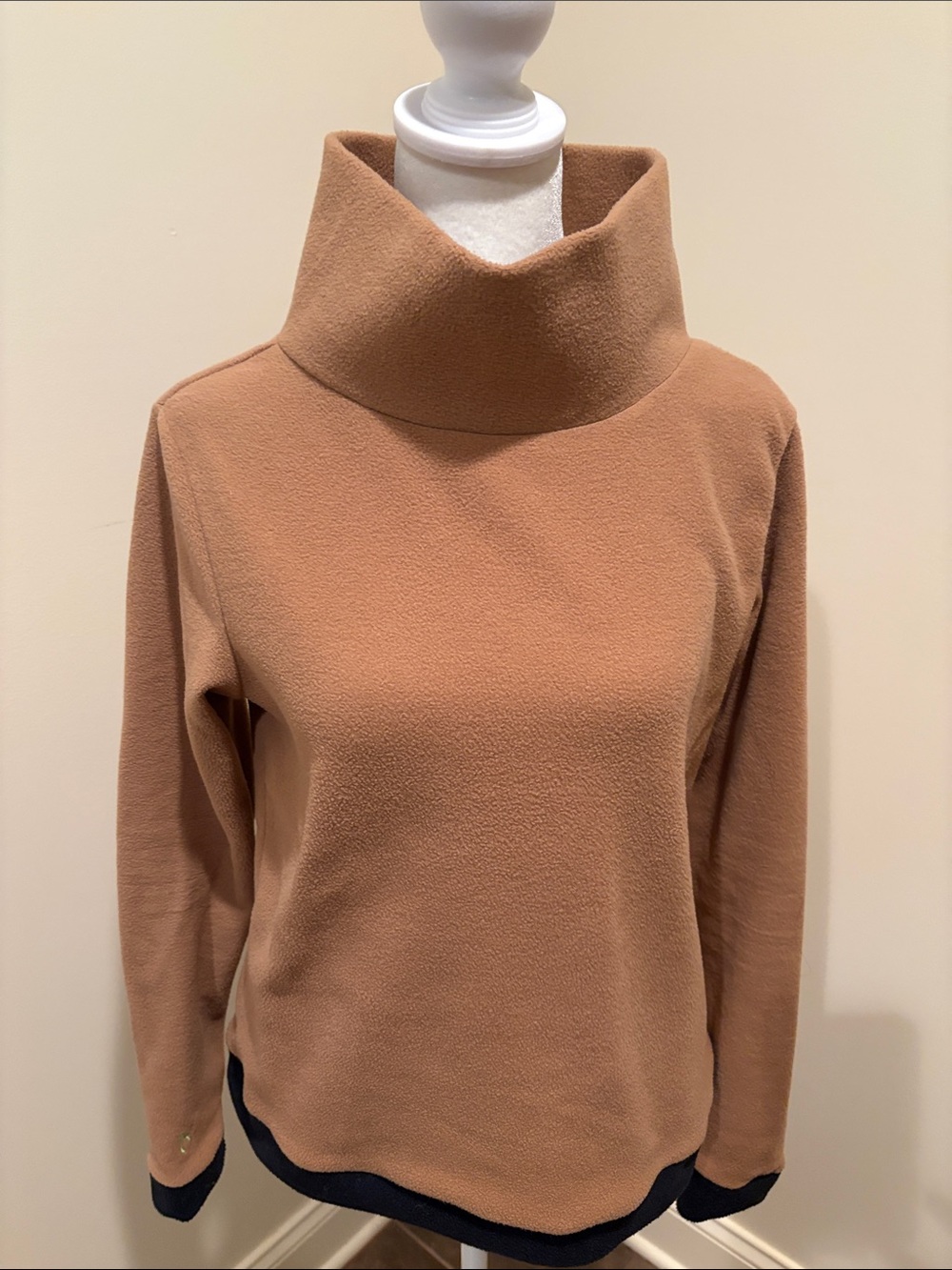 Dudley Stephens Camel Cowl Neck Pullover with Navy Trim